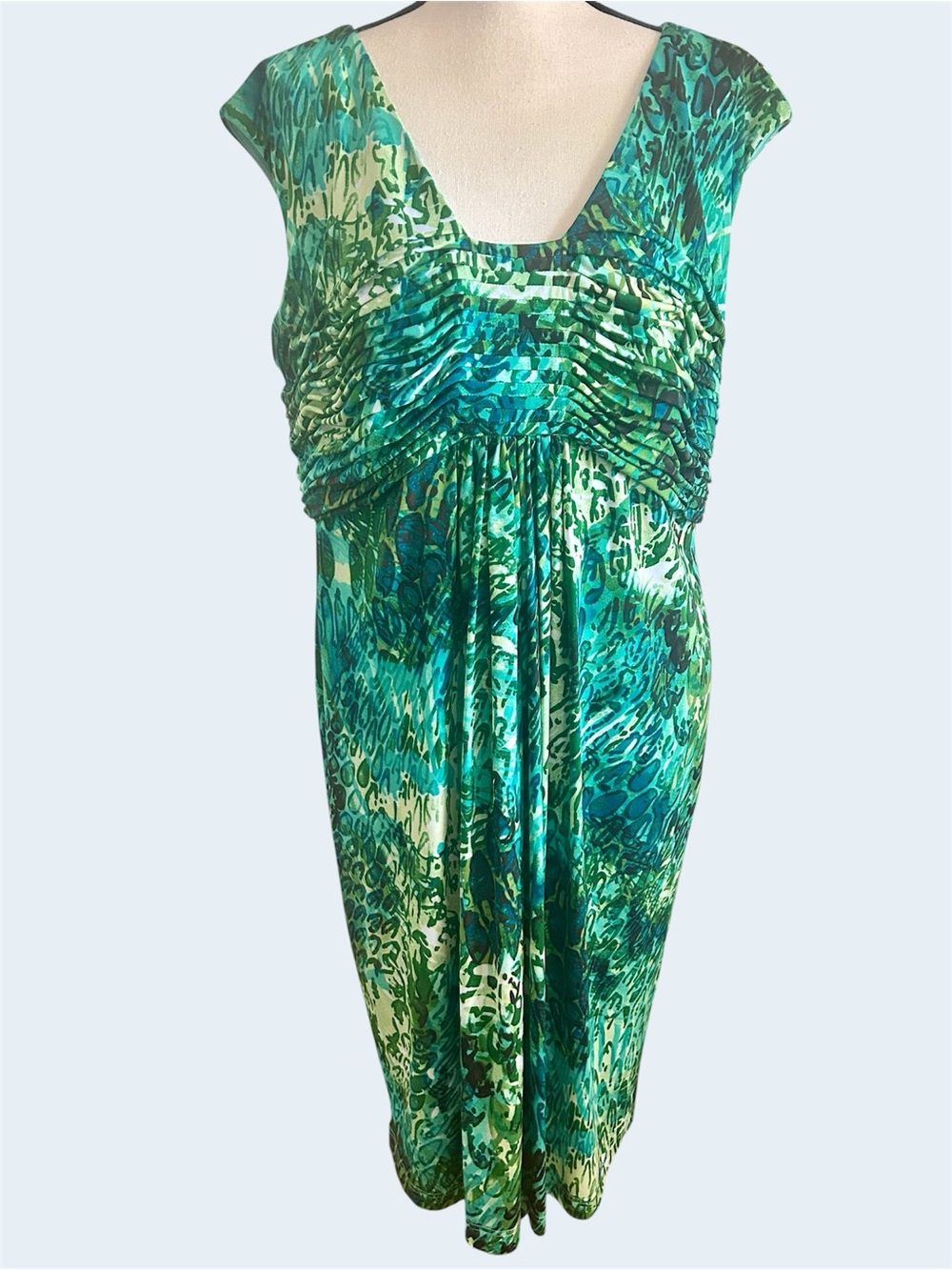 Adrianna Papell Blue Green Abstract Print Dress Cap-Sleeve Empire Waist size 18W